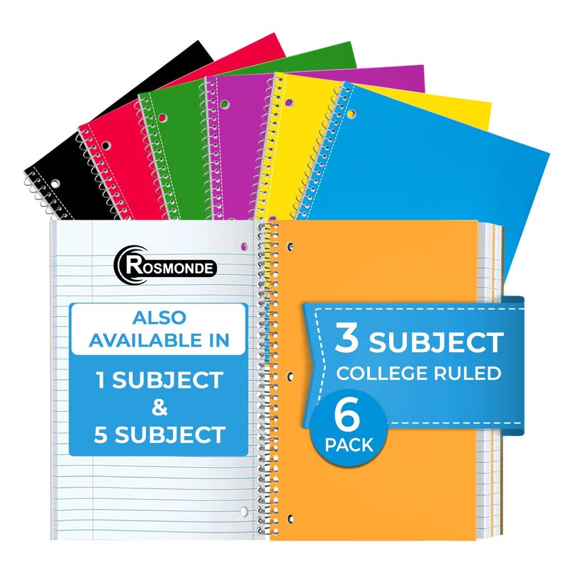 Rosmonde 3 Subject Notebook College Ruled, 6 Pack, 150 Sheets(300 Pages), No-Bleed Paper, 3 Hole Punched, 8x10-1/2, 3 Subject Spiral Notebook for School, Home & Office, Assorted Colors - Image 1